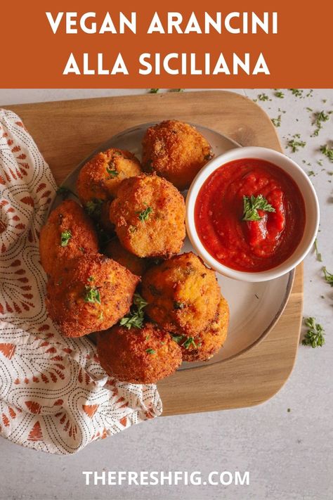 These Vegan Arancini alla Siciliana will satisfy all of your cravings for authentic Sicilian cuisine. Easy to make and delicious, this traditional recipe has a healthy vegan spin that the whole family will enjoy! Vegan Sicilian Recipes, Vegan Arancini, Sicilian Cuisine, Arancini Recipe, Plant Based Recipes Dinner, Fig Recipes, Vegan Sides, Vegan Eats, Fresh Figs