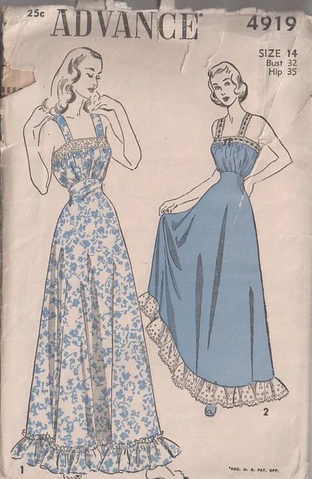 Advance 4919 Formal Dress Lace, 1940s Dress Pattern, Vintage Clothes Patterns, Advance Patterns, Nightgown Pattern, Clothing Pattern Design, Dress Making Patterns, Lace Straps, 1940s Fashion