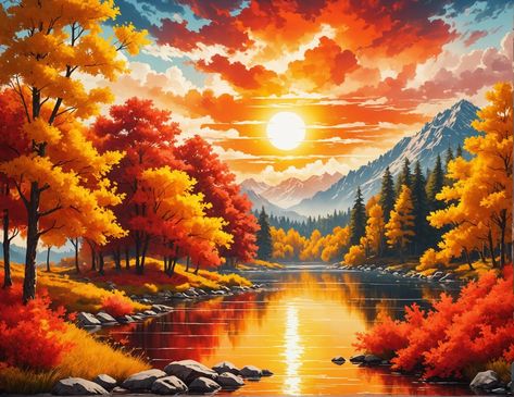 https://mysticwoodlandart.etsy.com/listing/1703287524  #EtsySaleEvent #CanvasLandscape #HomeMakeoverSale #DiscountOffer #WallArtDecor #NatureInspired #ArtistrySale Drawing Borders, Fall Landscape Painting, 3d Art Drawing, Vintage Autumn, Fall Watercolor, Autumn Scenery, Flower Background Wallpaper, Art Drawings Sketches Creative, Sunset Painting