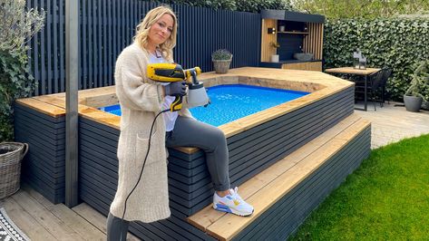 Aneta with paint sprayer in front of pool surround Diy Pool Surround Ideas, Pool Surround Ideas Above Ground, Paint Above Ground Pool, Above Ground Pool Surround Ideas, Above Ground Pool Surround, Pool Surround Ideas, Pool Skirt, Small Above Ground Pool, Pool Surround