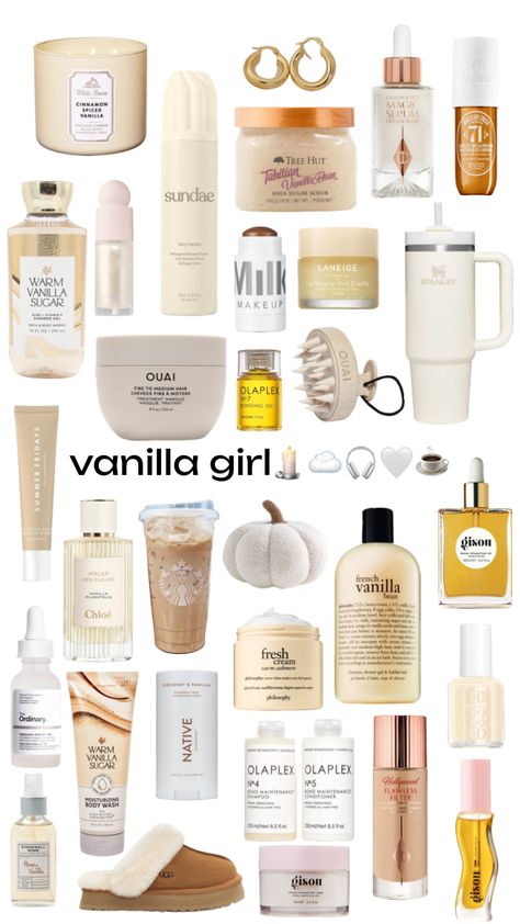 Vanilla Girl Essentials, Shampoo Dove, Lovely Background, Cute Christmas Ideas, Girl Essentials, Makeup Bag Essentials, Cream Aesthetic, Vanilla Girl, Pretty Skin Care