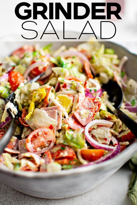 This Grinder Salad is everything you love about the classic Italian-American Grinder sandwich minus the bread! Made salami, ham, pepperoni, provolone, pepperoncini, and fresh veggies all coated in a creamy mayo dressing, serve this high-protein salad antipasto style or as a simple side salad for lunch or dinner. Salad Antipasto, Simple Side Salad, Grinder Salad, Grinder Sandwich, Mayo Dressing, Meat Lovers Pizza, Salad For Lunch, Light Soups, Antipasto Salad