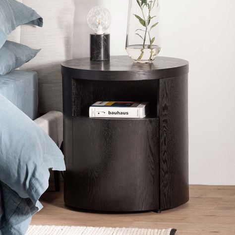 Round Wooden Bedside Table, Modern Wooden Bedside Table, Wooden Bedside Tables, Round Bedside Table, Bedside Table Round, Mountain Interiors, Black Bedside Table, Bedside Table Design, Bedside Table Drawers