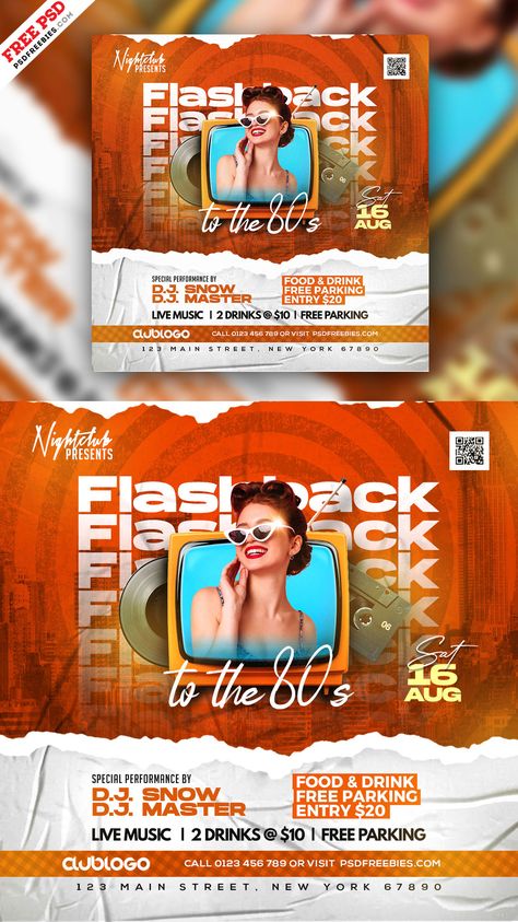 Download our Free Retro Party Night Social Media Post Design PSD. This stylish and classic design is perfect for your upcoming 70s or 80s theme event, party, rock concert, or nightclub gathering. It can also be used as a retro flyer, 80s flyer, 90s flyer, vintage flyer, birthday flyer, and more. Retro Night Poster, Vintage Social Media Design, 90s Flyer, Event Social Media Post, Event Social Media, Vintage Flyer, Retro Night, 70s Design, Flyer Free