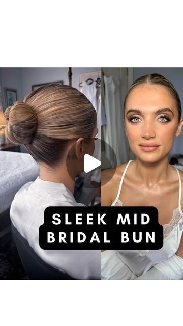 Mid Head Bun Wedding, Polished Wedding Hair, Slick Back Bun Bridesmaid, Slick Bridal Bun, Bridal Mid Bun, Mid Height Bun, Slick Back Wedding Bun, Wedding Sleek Bun, Mid Bun Wedding Hair