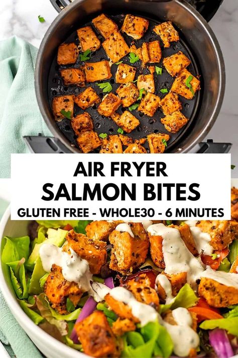 Whole 30 Airfryer Recipes, Air Fryer Whole 30 Recipes, Whole 30 Salmon Bowl, Air Fryer Salmon Salad, Paleo Salmon Bowl, Airfry Salmon Bowl, Quick Dinner Ideas Healthy Air Fryer, Air Fried Salmon Bowl, Air Fryer Salmon Bites Bowl