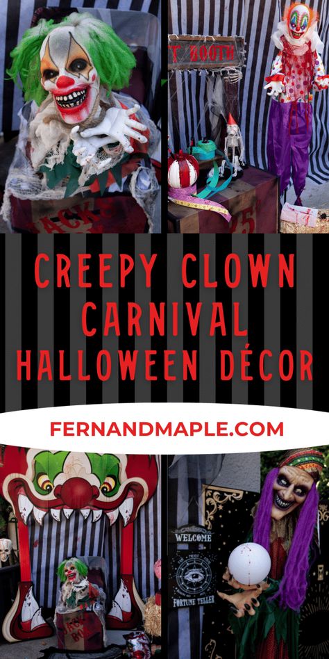 How to decorate your home for Halloween with a terrifying Creepy Clown Carnival theme, sure to scare neighbors and trick-or-treaters! Get all of the horrifying details and tons more Halloween ideas at www.fernandmaple.com. Halloween Carnevil Ideas, Halloween Clown Theme, Haunted House Carnival, Carn Evil Decorations, Carnival Haunted House Ideas, Creepy Carnival Aesthetic, Scary Carnival Halloween Party, Halloween Circus Decorations, Creepy Circus Aesthetic