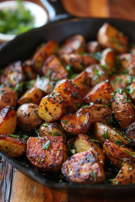 Golden, roasted potatoes garnished with fresh herbs in a skillet. Seasoned Diced Potatoes, Cambray Potatoes Recipes, Potatoes On The Stove Top, Ways To Prepare Potatoes, Pan Fried Potatoes Recipe, Southern Potato Recipes, Pan Fried Red Potatoes, Sauted Potatoes Recipes, Crispy Fried Potatoes Skillet