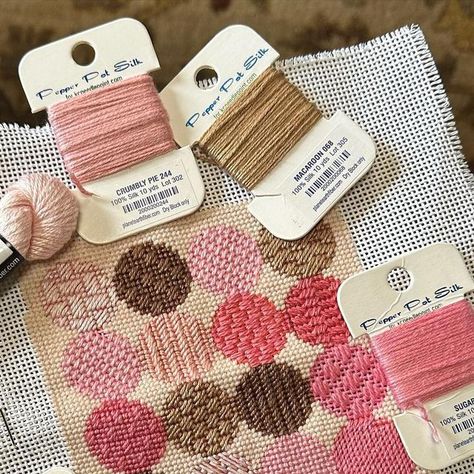 Hedgehog Needlepoint LLC on Instagram: "Afternoon stitch break and a finish for my @elizabethcraneswartz Pink Circles with a tiny color swap (I love pink and brown). 11 decorative stitches-whoopsie, I meant to do 12 but I’m not feeling it necessary to make the correction… and because I’m a glutton for punishment, trying out a bazillion decorative stitches on an even larger circle canvas (Elizabeth’s colors are delicious). Working from @themakersmarks fabulous Book of Stitches plus my ever faithf Needlepoint Stitches For Circles, How To Finish Needlepoint, Decorative Needlepoint Stitches, Needlepoint Finishing Ideas, Needlepoint Inspiration, Pink Cross Stitch, Craft Letters, Miniature Needlepoint, Needlepoint Christmas Ornaments