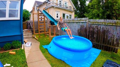 Pool Slide Diy, Inground Pool Slides, Pool Waterslide, Above Ground Pool Slide, Swimming Pool Slides, Pool Water Slide, Homemade Pools, Diy Slides, Inground Pool Landscaping