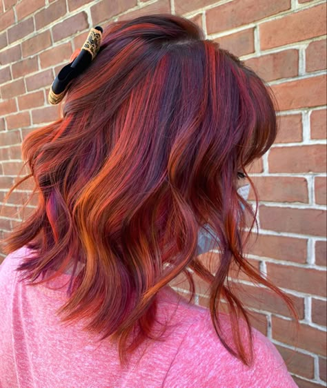 Hair Roulette Ideas, Copper And Purple Hair Highlights, Red And Purple Highlights, Violet Copper Balayage, Multi Colored Red Hair, Color Pop Hair, Copper Rainbow Hair, Ginger Hair Purple Highlights, Sunset Highlights