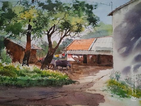 Village Composition Painting, Watercolor Scenery Painting, Village Scene Drawing, Village Drawing, Drawing Scenery, Watercolor Scenery, Composition Painting, Watercolor Art Landscape, Watercolor Paintings Nature