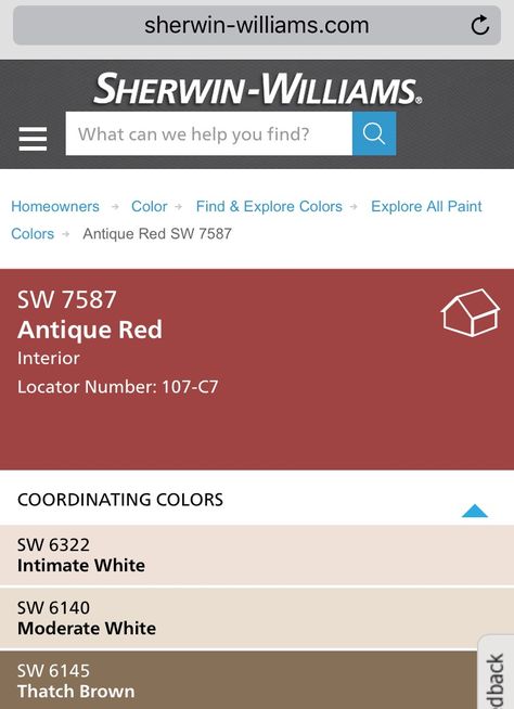 Antique Red by Sherwin Williams as accent wall?? Sw Antique Red, Sherwin Williams Antique Red, Red Paint Colors Sherwin Williams, Whole House Colors, Landscaping House, Color Veil, Red Paint Colors, Sherwin Williams Gray, Grey Accent Wall