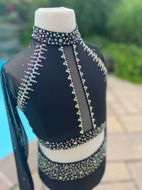 Baton Twirling Costumes Black, Rhinestone Leotard Dance, Rhinestone Patterns For Dance Costumes, Dance Costumes Rhinestones, Rhinestones Dance Costumes, Rhinestoning Dance Costumes, Rhinestone Dance Costumes Design, Rhinestone Costume Ideas, 2 Piece Dance Costumes