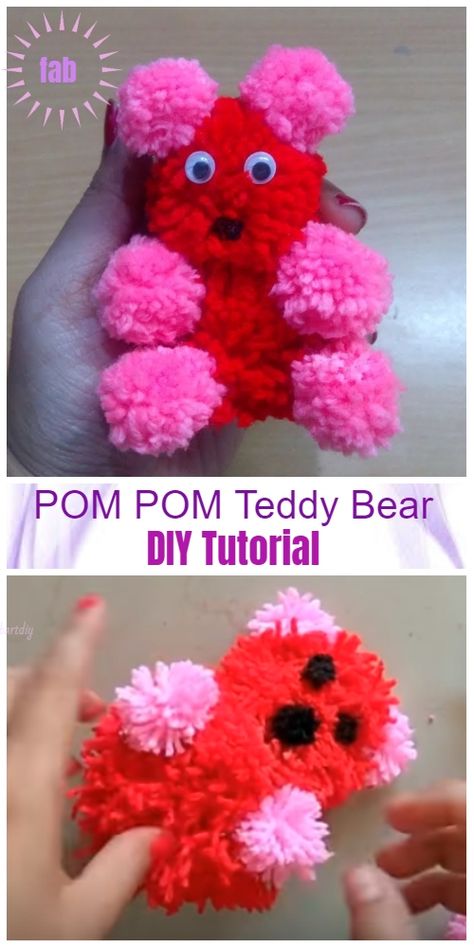 DIY Pom Pom Teddy Bear Tutorial - Video Pom Pom Teddy Bear, Pom Pom Bear, Keepsake Teddy Bear, Tea Party Crafts, Pom Pom Animals, Teddy Bear Day, Paper Pom Pom, Teddy Bears Valentines, Mother Bears