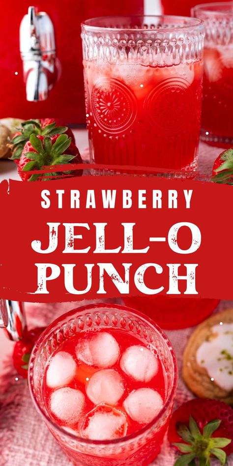 This is perfect for Memorial day, 4th of July or any summer picnic! Refreshing and festive strawbery red punch that has amazing flavor thanks to Jell-o.  This party punch will have your guests coming back for more. And it's a non-alcoholic punch recipe so  it is a family friendly drink. Drinks For Wedding Non Alcoholic, Drinks Without Red Dye 40, Summer Party Drinks Alcohol, Jello Punch Recipes, 4th Of July Non Alcoholic Punch, Kool Aid Punch Recipes, Raspberry Themed Party, Red Alcoholic Drinks Parties, Summer Non Alcoholic Punch