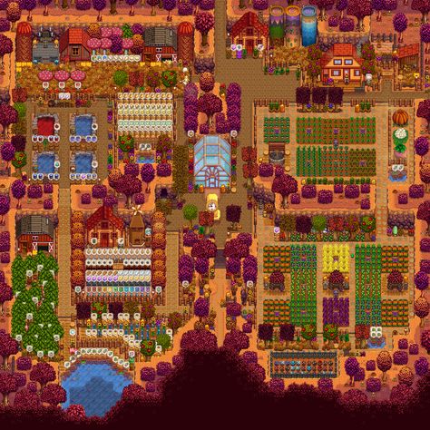 Stardew Valley, Fall, Four Corners Farm, Layout Inspo Four Corners Farm, Stardew Valley Fall, Farm Layout Ideas, Stardew Valley Standard Farm Layout, Stardew Ideas, Stardew Farms, Stardew Valley Layout, Stardew Valley Tips, Stardew Valley Farms