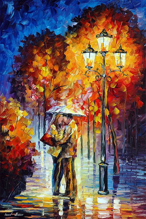 KISS UNDER THE RAIN — Pintura al oleo de Leonid Afremov https://afremov.com/es/kiss-under-the-rain.html Kiss Under The Rain, Leonid Afremov, Rain Painting, Rain Art, Under The Rain, Leonid Afremov Paintings, Daily Paintworks, Love Painting, In The Rain