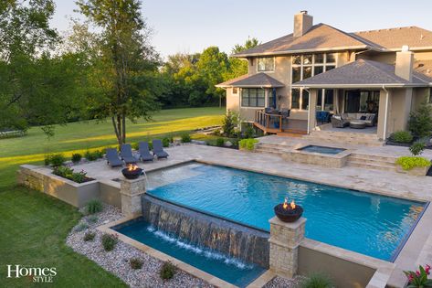 Pool With Lake View, Step Down To Pool Area, Pools On Acreage, Mediterranean Pool Ideas, Back Patio With Pool, Infinity Pools Backyard Ideas, Underground Pool Ideas Backyards, Pool Layout Design Backyards, Raised Pool Ideas