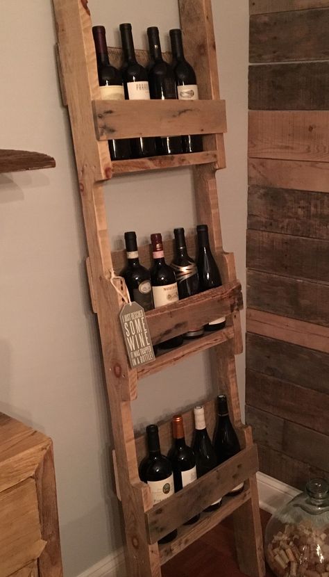 #Ladder, #Pallets, #ReclaimedPallet, #WineRack It took about 3 hours....assembly wasn't difficult but sanding each piece and waxing took some time. Wine Rack Projects, Wine Rack Design, Pallet Wine Rack, Pallet Bar Diy, Pallet Wine, Bar Sala, 1001 Pallets, Wooden Wine Rack, Wood Wine Racks