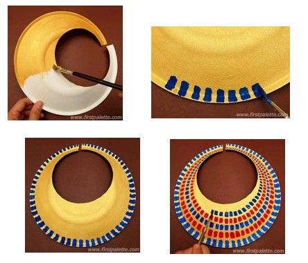 Paper Plate Egyptian Collar Egyptian Diy Costume, Spiderweb Craft, Diy Cleopatra, Egyptian Headpiece, Ancient Egypt Crafts, 5 Senses Gift, Egyptian Decorations, Egyptian Collar, Egyptian Crafts