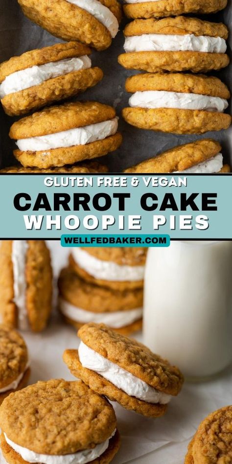 gluten free carrot cake whoopie pies Gluten Free Dairy Free Whoopie Pies, Vegan Whoopie Pies, Gluten Free Vegan Carrot Cake, Whoopie Cookies, Carrot Cake Whoopie Pies, Cake Whoopie Pies, Carrot Cake Sandwich Cookies, Desert Board, Df Recipes