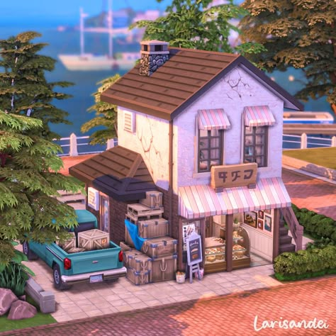 Follow me on Ig @larisandei for more The Sims 4 content! The Sims 4 Build Inspiration, Sims 4 Houses Design, Sims 4 Small Business, Sims 4 New Crest Ideas, Sims Bakery Build, Sims 4 Bakery Lot, Sims 4 Shops Ideas, Sims Shop Ideas, Sims 4 Houses Outside