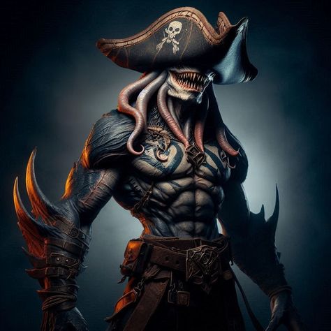 #fantasy #dark #anthropomorphic #shark #humanoid #pirate #characterdesign #hybrid #aiart #aiartcommunity #aiartwork #aiartist #aiartists #digitalart #digitalartist #digitalartwork #creative #imagination Shark Humanoid, Humanoid Shark, Creative Imagination, Kraken, Sea Animals, Dark Fantasy, Octopus, Digital Artwork, Digital Artist