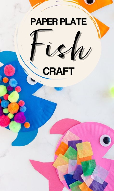 This easy paper plate fish is a colorful craft for kids of all ages! Use different items like tissue paper, paint, and pom poms for a fun underwater project. Paper Plate Fish Craft, Plate Fish Craft, Paper Plate Fish, Ocean Theme Crafts, Tissue Paper Craft, Fish Craft, Fish Crafts, Paper Plate Crafts, Feather Crafts