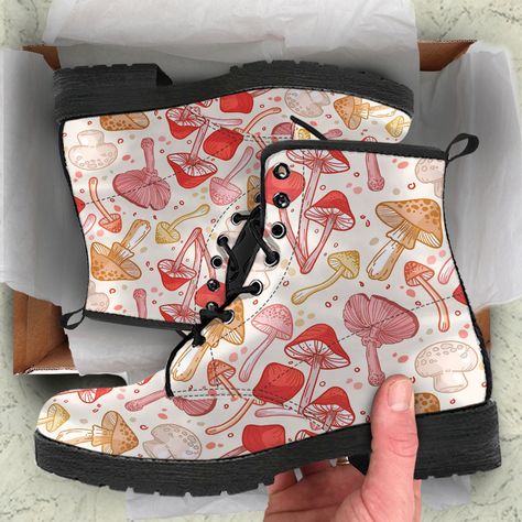 *  Woman'S Hand Drawn Mushrooms Custom Leather Boots, Mother's Day Gifts for idea Casual Cute Shoes * All of our Men's and Women's Faux Leather Boots are custom-made-to-order and handcrafted to the highest quality standards. Our unique designs are second to none. * When is the last time you walked into a shoe store and found affordable boots in so many different, phenomenal designs. When you're wearing these boots the complements won't stop. Our boots complement your personality... find the desi Drawn Mushrooms, Cute Converse, Mushroom Jewelry, Dr Shoes, Womens Combat Boots, Cute Sneakers, Faux Leather Boots, Cute Nikes, Aesthetic Shoes