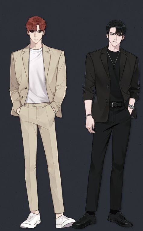 Manhwa Fashion Men, Anime Guy With Suit, Blazer Drawing Reference, Manhwa Outfits Male, Suit Drawing Men, Blazer Reference, Man Standing Drawing, Mens Outfits Drawing, Anime Men In Suits