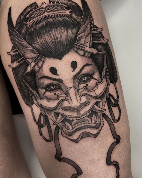 Henya Masks Tattoo, Japanese Tattoo Art Oni, Oni Mask Tattoo Design Ideas, Hannya Maske Tattoo, Tengu Tattoo, Mask Tattoos, Hannya Maske, Japan Drawing, Japanese Mask Tattoo