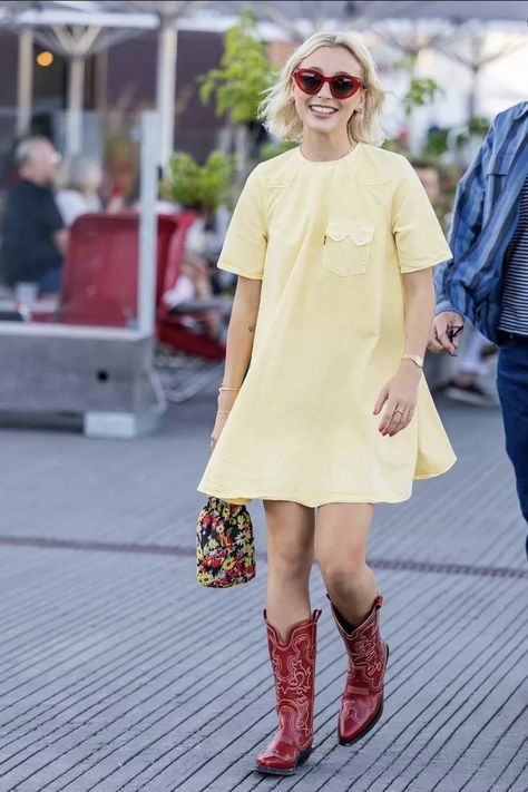 emma chamberlain 
yellow dress aesthetic 
summer dress aesthetic Red Cowboy Boots Outfit, Western Boots Outfit, Copenhagen Fashion Week Street Style, Red Cowboy Boots, Ganni Dress, Floaty Dress, Copenhagen Fashion, Emma Chamberlain, All Jeans