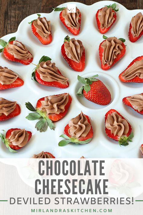 This twist on 2 classics is just what you need when you are itching to leave winter behind and embrace spring with open arms! Chocolate cheesecake deviled strawberries are a perfect appetizer or dessert or even snack for spring and summer! Chocolate and strawberries, classic, deviled eggs, classic, chocolate cheesecake filling piped into strawberry halves resembling deviled eggs, new classic! Try this no bake recipe today! #chocolate #dessertrecipe #snackrecipe #homemade #fromscratch #easyrecipe Deviled Strawberries, Creamy Chocolate Cheesecake, The Best Cheesecake, White Chocolate Raspberry Cheesecake, Chocolate Raspberry Cheesecake, Elegant Appetizers, Best Cheesecake, Cheesecake Filling, Summer Dessert Recipes