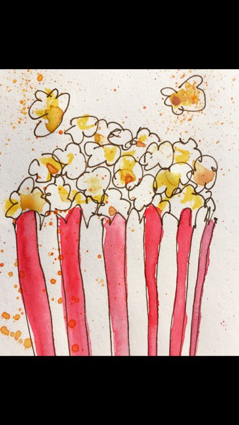 Popcorn Watercolor Painting, Popcorn Watercolor, Popcorn Sketch, Popcorn Painting, Popcorn Drawing, Circus Watercolor, Popcorn Art, National Popcorn Day, Popcorn Day