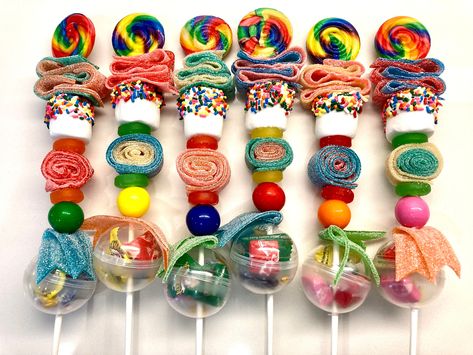 Birthday Kabobs, Rainbow Lollipop, Sour Belts, Candy Kabobs, Gummy Candies, Rainbow Lollipops, Candy Bouquets, Handmade Candy, Mexican Party Theme