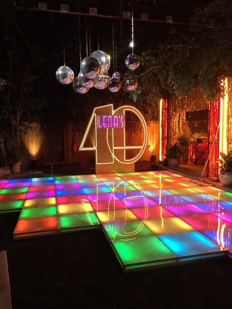 40th Birthday Dance Party, Birthday Party Themes Y2k, 60’s Disco, 40th Birthday 70s Theme, 40th Birthday Disco Theme, Y2k Event Decor, Neon Party Decorations Outdoor, 60th Disco Birthday Party, Disco 40th Birthday Party