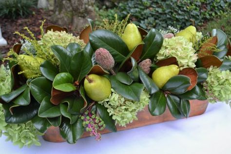 Magnolia Leaves Centerpiece, Thanksgiving Decorations Diy Table, Apple Centerpieces, Magnolia Centerpiece, Copper Pennies, Bronze Centerpiece, Dough Bowl Centerpiece, Planter Centerpiece, Centerpiece Diy