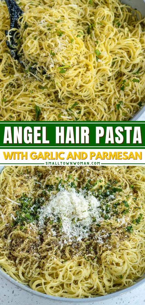 Say hello to your new favorite pasta dish! It's a quick and easy side dish recipe that's ready in just 15 minutes. Cooked in garlic, herbs, and parmesan, this angel hair pasta is full of flavor! Angel Hair Pasta With Asparagus, Angel Hair Side Dish, Pesto Angel Hair Pasta, Angel Hair Pasta Salad Cold, Angle Hair Pasta Recipe, Angel Hair Pasta Recipes Easy, Angelhair Pasta Recipes, Angle Hair Pasta Recipes, Garlic Herb Pasta