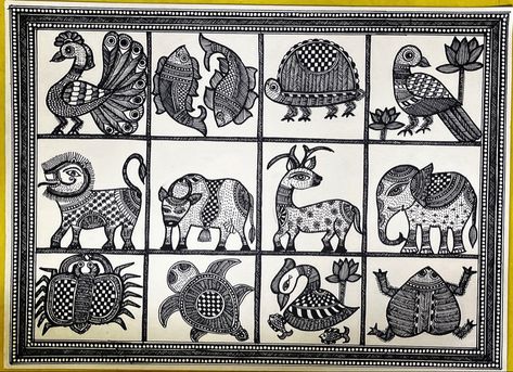 Madhubani Animals, Godna Painting, Godna Art, Madhubani Motifs, Painted Dupatta, Mithila Art, Gond Art, Gond Painting, Ganesh Art Paintings