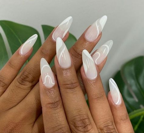 Almond Shaped White Nails Designs, Milky And White Nails, Oval Nail Designs 2023, Milky White Almond Nail Ideas, Pointed Acrylic Nail Designs, Milky White Nails With Design Almond, Almond Nails Designs White, White Nails With Designs Almond, Milky Nails Design