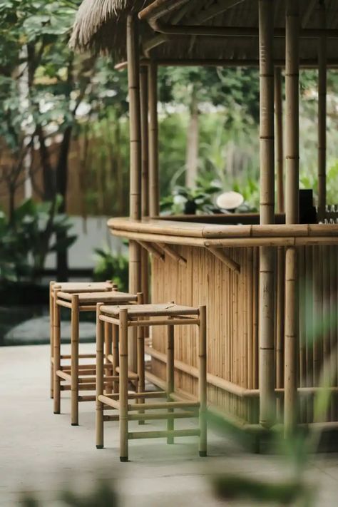 Bamboo bar with high stools surrounded by lush greenery. Bar With Stools, Contemporary Kitchen Designs, Chairs For Kitchen Island, Gold Bar Stools, Bar Stool Cushions, Grey Bar Stools, Elegant Bar, Bar Space, Grey Bar