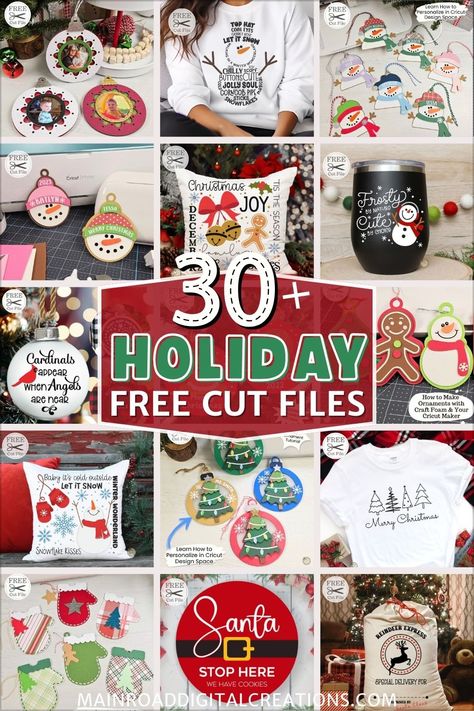 Image showcasing over 30 free holiday cut files, perfect for Cricut, Silhouette, and paper crafts. Includes free SVG files for Christmas ornaments, decor, and DIY holiday projects. Download free cut files for vinyl and paper crafts on the website. Cricut Sticker Ideas Vinyl, Christmas Shirts Svg Free, Christmas Circuit Ideas, Free Svg Images For Cricut Clip Art, Fun Cricut Projects Craft Ideas, Scan And Cut Projects Ideas, Free Svg Files For Cricut Christmas, Ornament Svg Files Free, Silhouette Cameo Projects Christmas