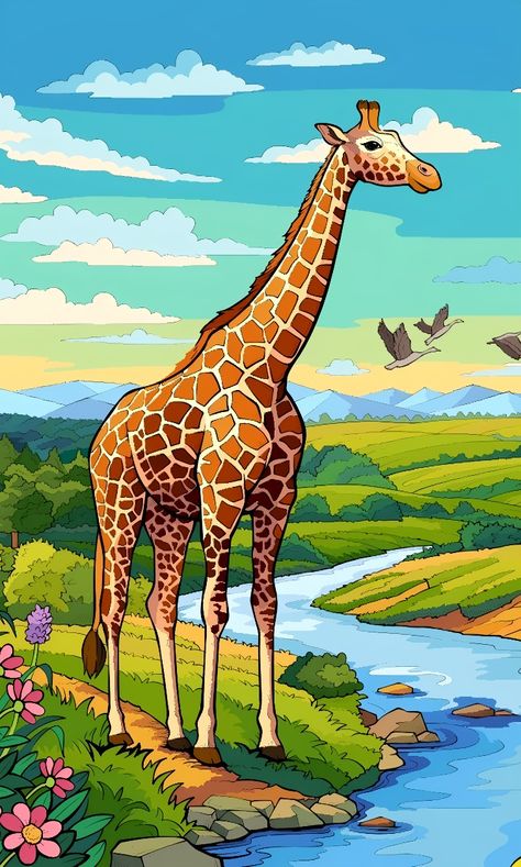 Drawing Of Giraffe Easy, Giraffe Painting Easy, Colorful Giraffe Painting, Animal Sketches Easy, Giraffe Cartoon, Giraffe Drawing, Poster Color Painting, Ancient Drawings, Drawing Scenery