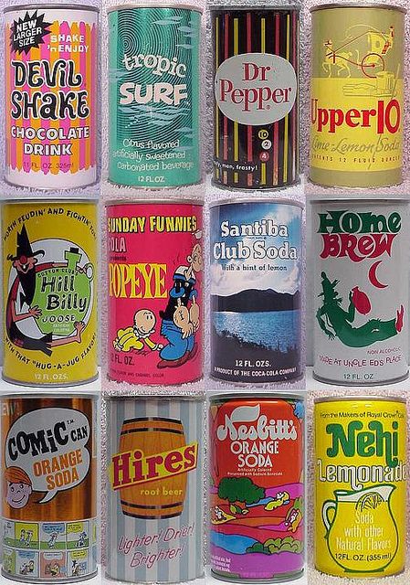 Vintage Can Design, 70s Packaging, Vintage Soda Bottles, Vintage Soda, Vintage Pop, Pop Cans, Vintage Packaging, Soda Bottles, Retro Pop