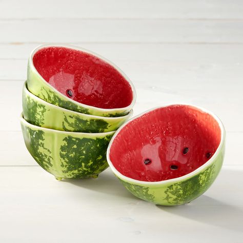 Bordallo Pinheiro Watermelon - Set of Four Bowls | Ross-Simons Watermelon Bowl, Pottery Pinch Pot, Deco Fruit, Watermelon Decor, Wooden Salad Bowl, Bordallo Pinheiro, Clay Bowl, Pinch Pots, Ceramics Pottery Art