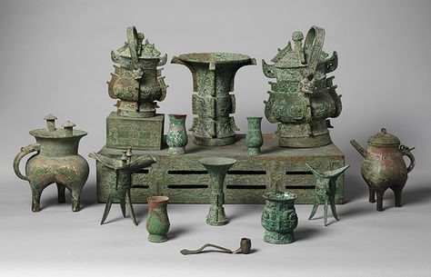 Elaborate Altar set of ritual bronzes, consisting of an altar table and thirteen wine vessels, illustrates the splendor of China's Bronze Age at its peak. Shang and Western Zhou dynasties, late 11th century.   @ The Metropolitan Museum of Art Shang Dynasty, Zhou Dynasty, Luoyang, Chinese Bronze, Historical Period, 11th Century, China Art, Ancient China, Bronze Age