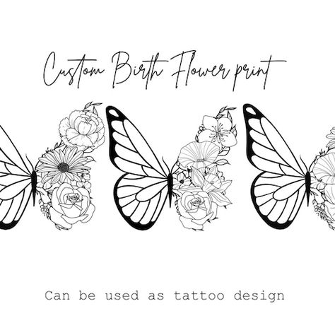 Butterfly Birth Month Tattoo, October Birth Flower Butterfly Tattoo, May Birth Flower Tattoo With Butterfly, April Birth Flower Tattoo With Butterfly, January Butterfly Tattoo, Birth Month Flower Tattoos With Butterfly, August Birth Flower Butterfly Tattoo, August Butterfly Tattoo, July Birth Flower Butterfly Tattoo