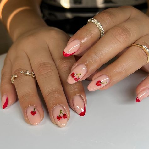 Heart And Cherry Nails, Red Nail Designs Cherry, Cherry Hearts Nails, Harry Coded Nails, Structured Gel Manicure Designs, Heart Cherry Nails, Cherry Gel Nails, Cherry Heart Nails, Harry Styles Nails Inspired