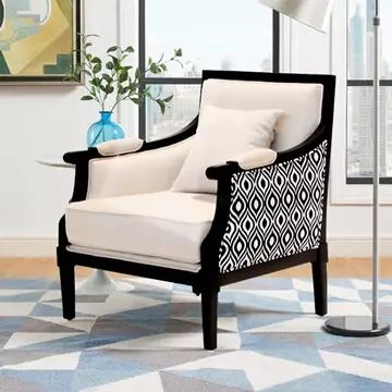 Living Room Accent & Occasional Chairs Black And White Upholstered Chair, Accent Chair Patterned, Black And White Chairs Living Room, Black And White Family Room, Black And White Accent Chair, Black And White Home Interior, Benches For Living Room, Dining Bench With Storage, Black Accent Chair